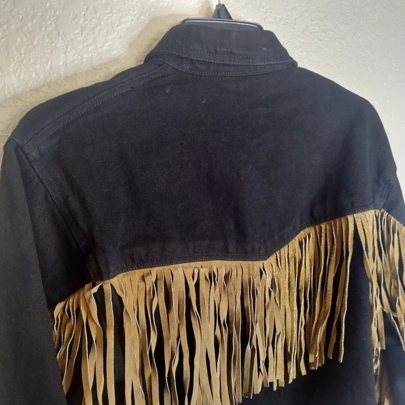 Morganwear Black Denim Western Fringe Festive Turquoise Buttoned Jacket Sz M - Picture 8 of 10